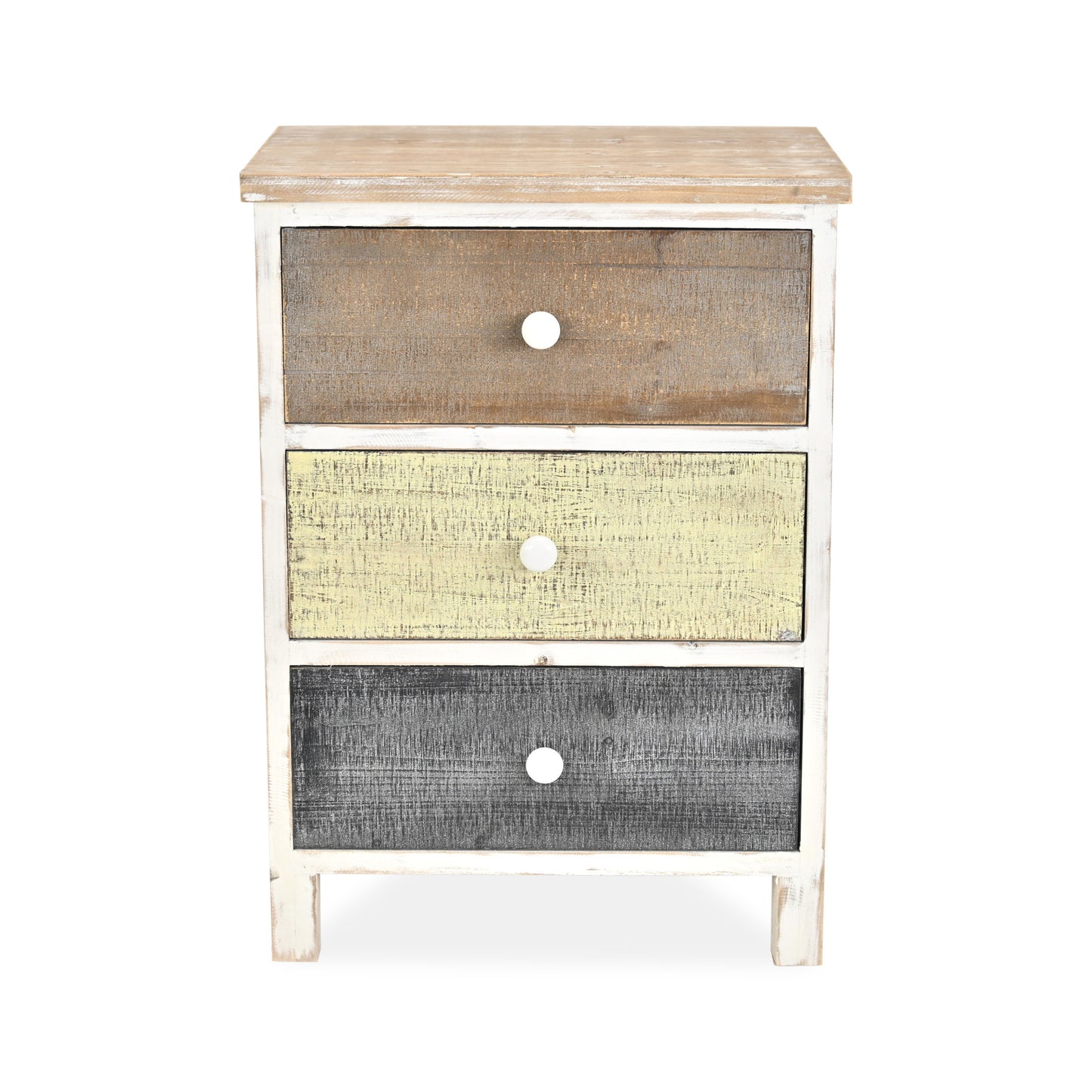 19" White Gray and Natural Distressed Accent Cabinet With Three Drawers