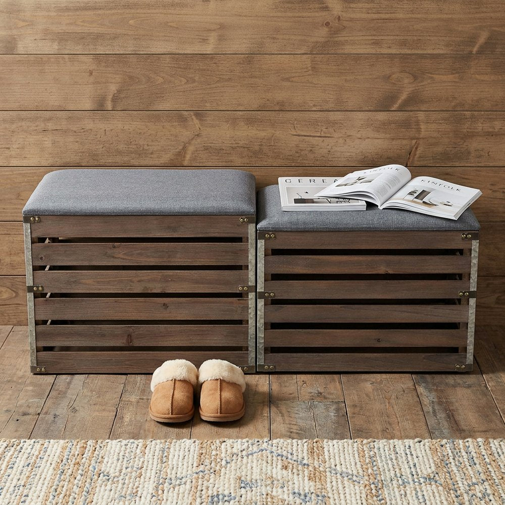 24" Gray and Brown Linen Upholstered Storage Bench with Flip Top