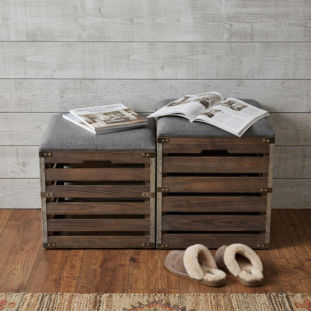 Set of Two 16" Gray Linen Upholstered Storage Entryway Stool With Flip Top