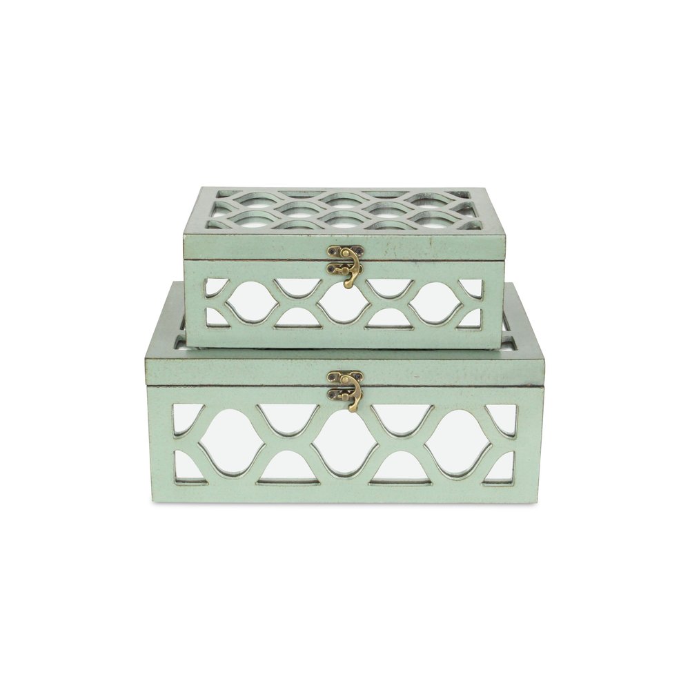 Set of Two Blue Mirrored Glass And Wood Box With Lid