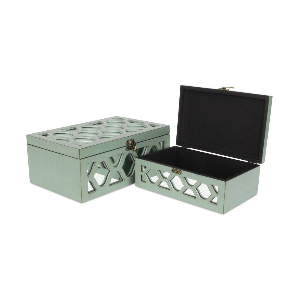 Set of Two Green Wood And Mirrored Glass Boxes
