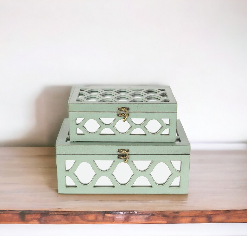 Set of Two Green Wood And Mirrored Glass Boxes