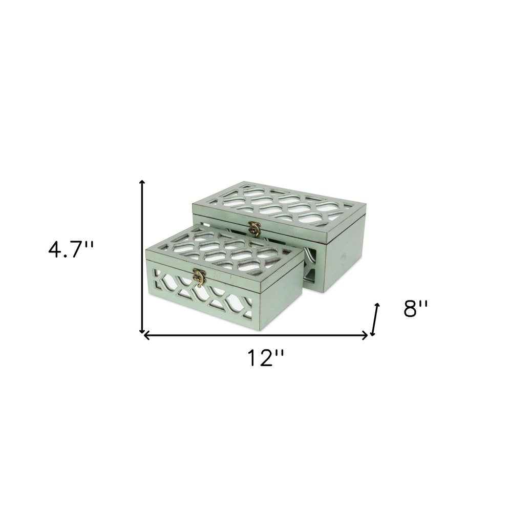 Set of Two Green Wood And Mirrored Glass Boxes