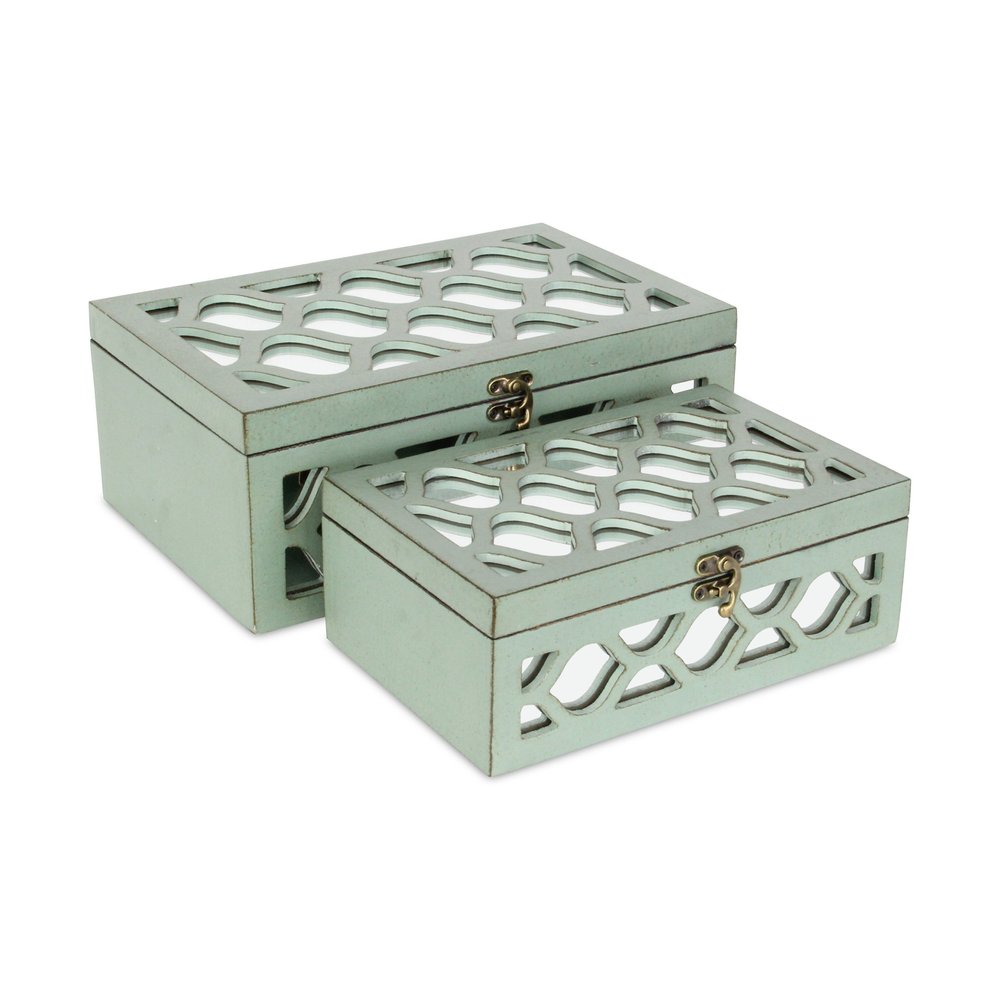 Set of Two Green Wood And Mirrored Glass Boxes