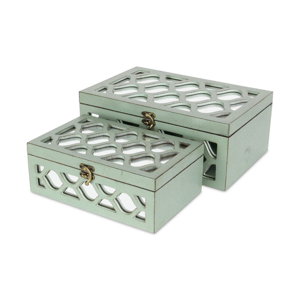 Set of Two Blue Mirrored Glass And Wood Box With Lid