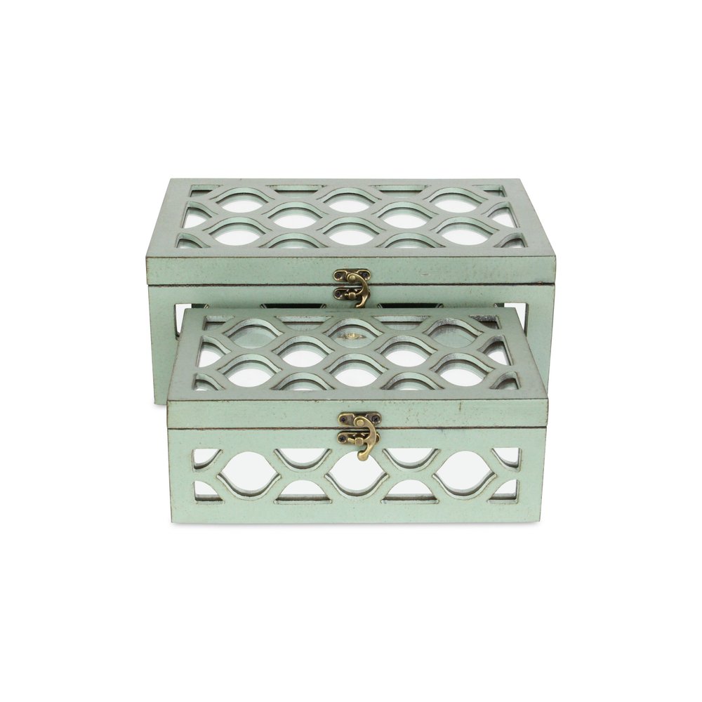 Set of Two Blue Mirrored Glass And Wood Box With Lid