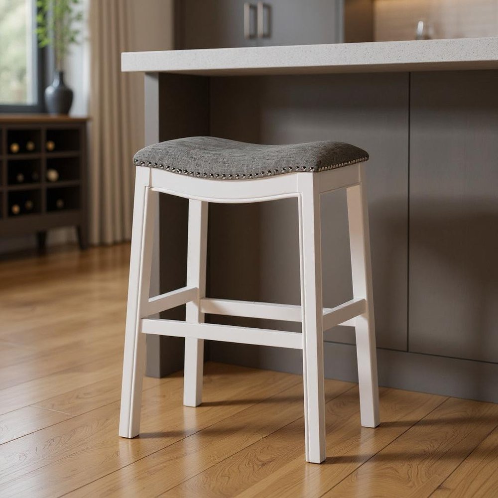 31" Light Gray And White Upholstered And Solid Wood Backless Bar Height Bar Chair