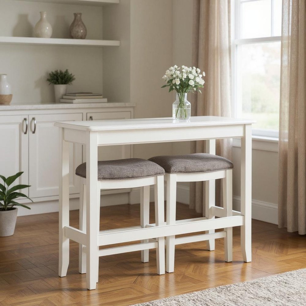 49" Three Piece White Wood Rectangular Bar Table With Two Stools
