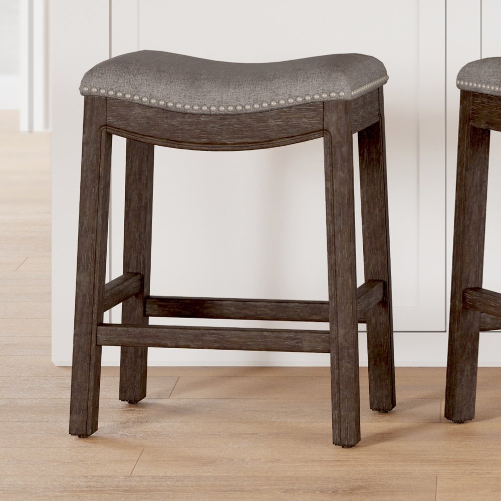 26" Gray and Brown Fabric and Solid Wood Backless Counter Height Bar Chair