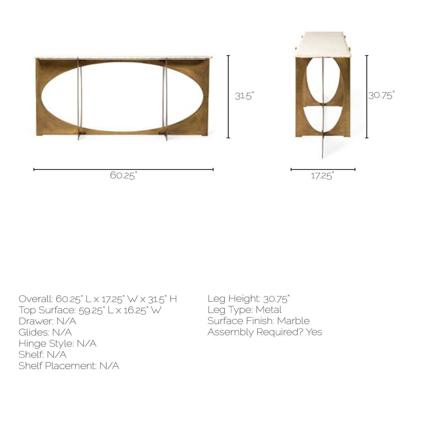 59" White and Gold Genuine Marble and Metal Geo Base Console Table