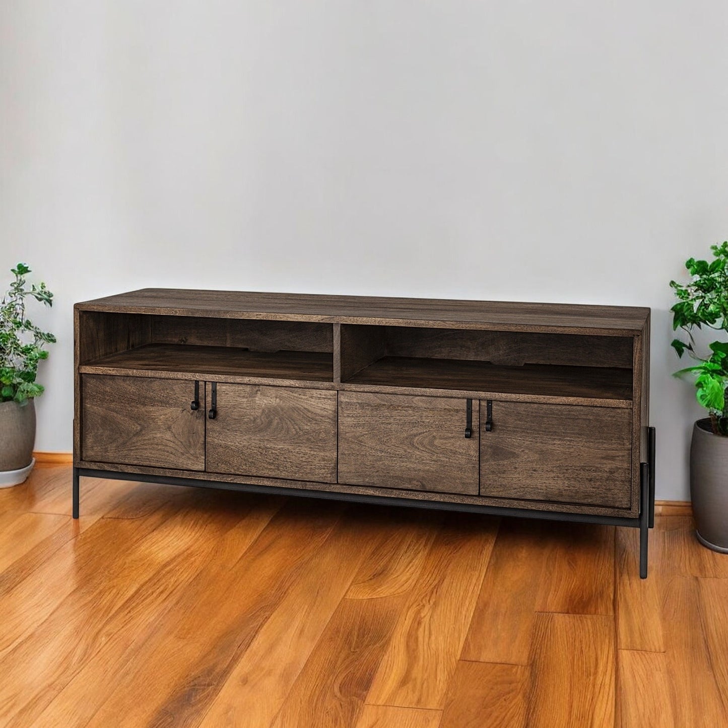 62" Brown and Black Solid Wood Cabinet Enclosed Storage TV Stand