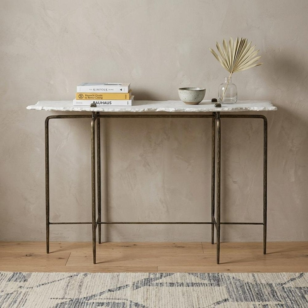 49" White and Brass Genuine Marble and Iron Distressed Six Leg Console Table