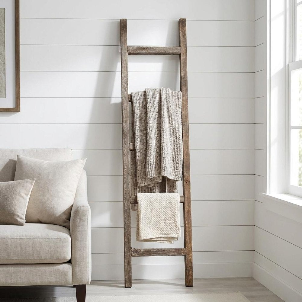 5 Step Rustic Espresso Gray Wood Ladder Shelf