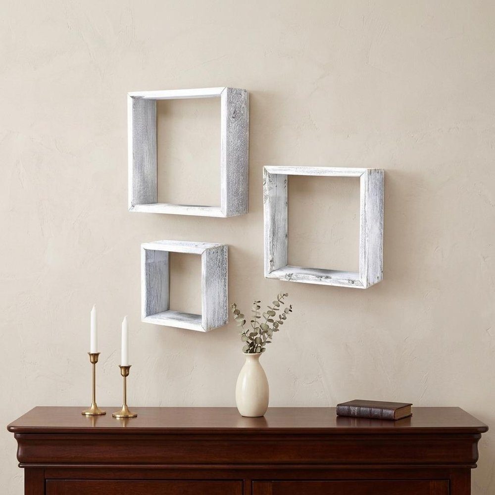 Set Of 3 Square Rustic White Wash Wood Open Box Shelve