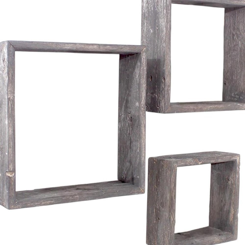 Set of Three Smoky Black Wood Square Hanging Dimensional Sculpture