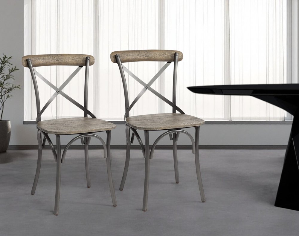 Set Of Two Brown And Gray Wood Cross Back Side Chairs