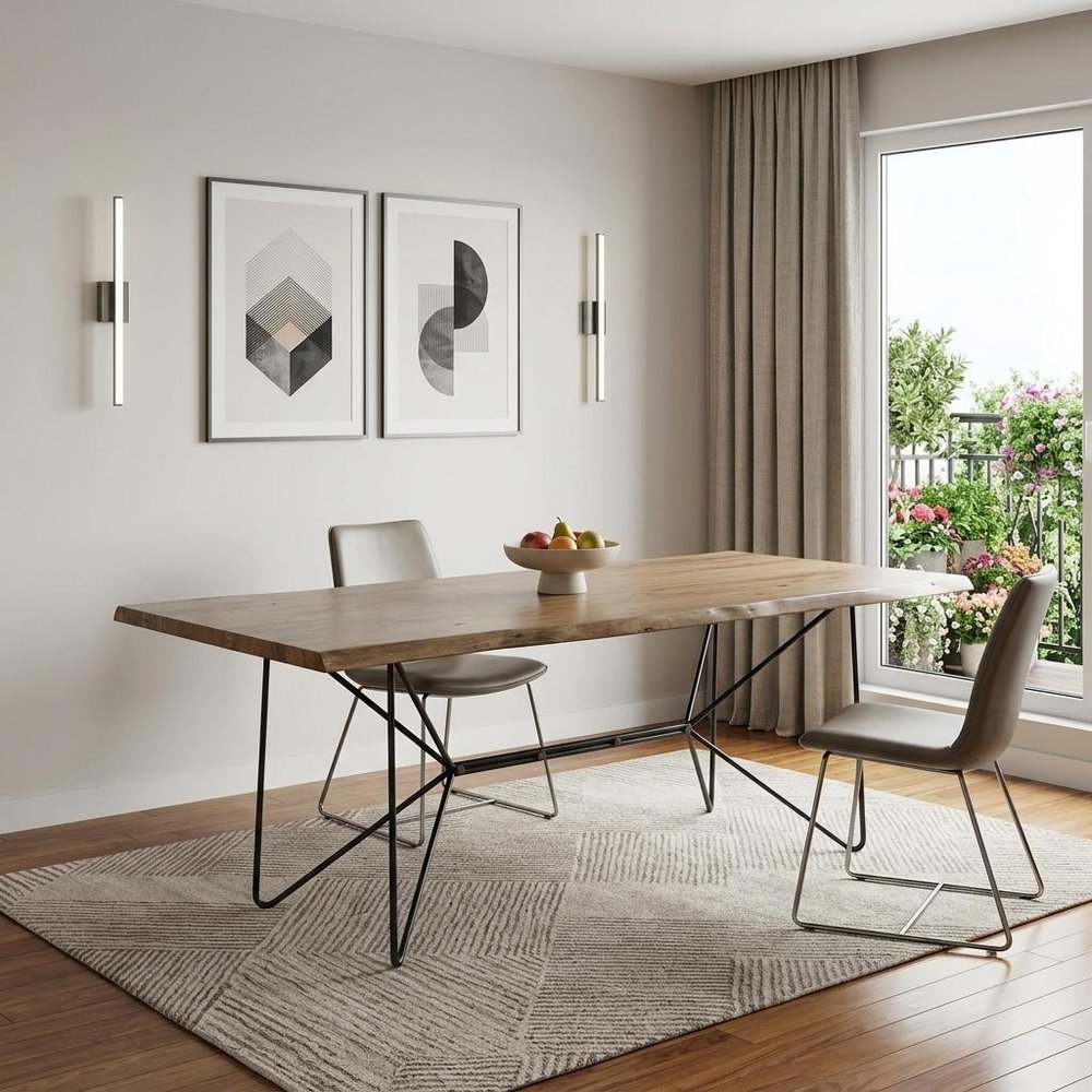 84" Natural And Black Solid Wood And Metal Trestle Base Dining Table