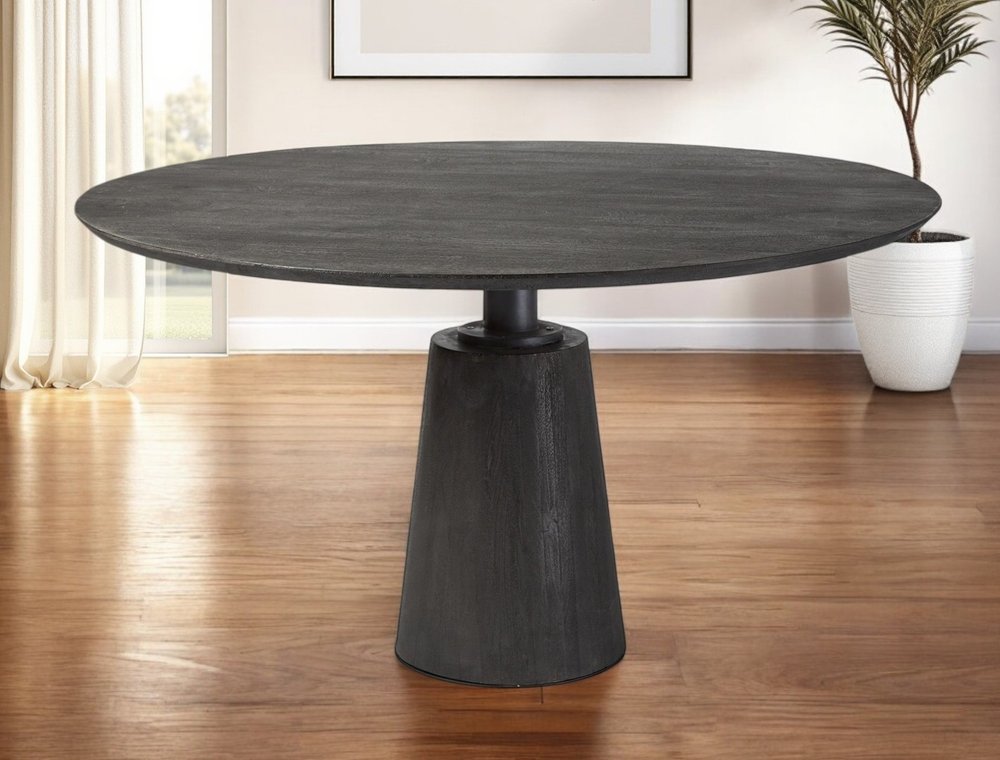 54" Brown Rounded Solid Wood And Metal Pedestal Base Dining Table