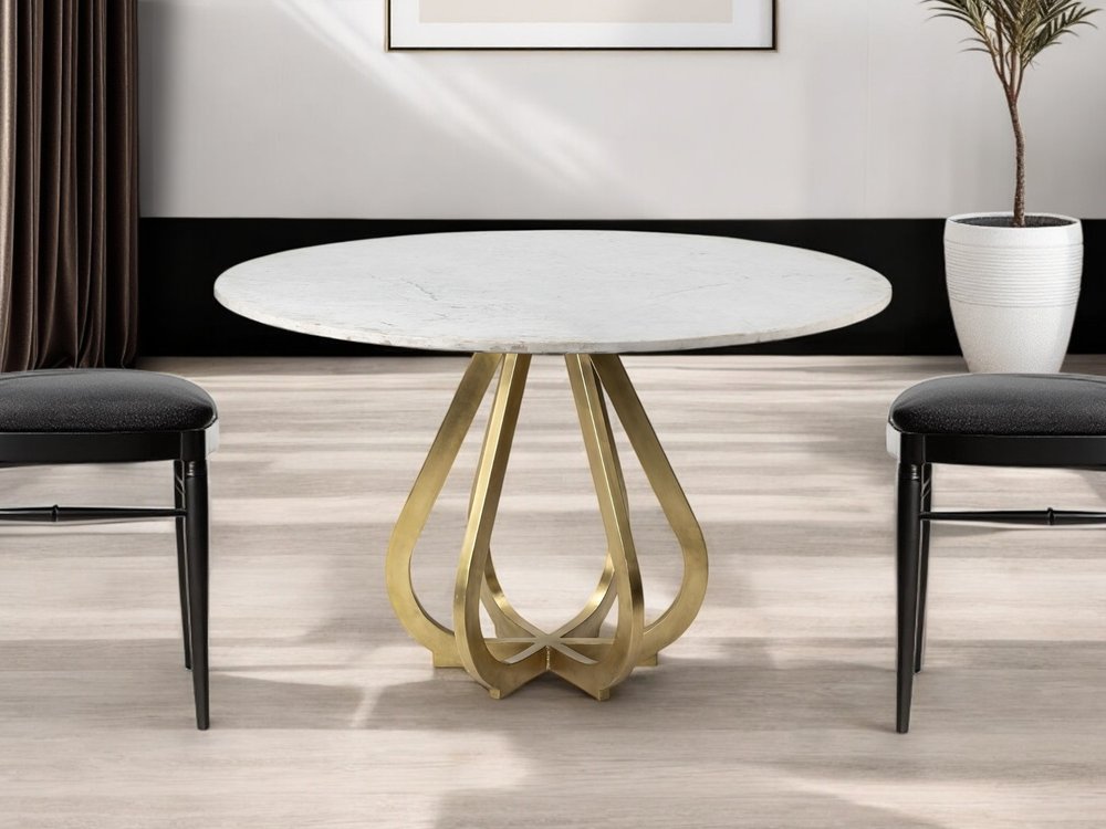 48" White And Gold Rounded Marble And Metal Pedestal Base Dining Table
