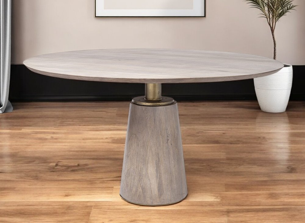 54" Light Brown And Gold Solid Wood And Iron Pedestal Base Round Top Dining Table