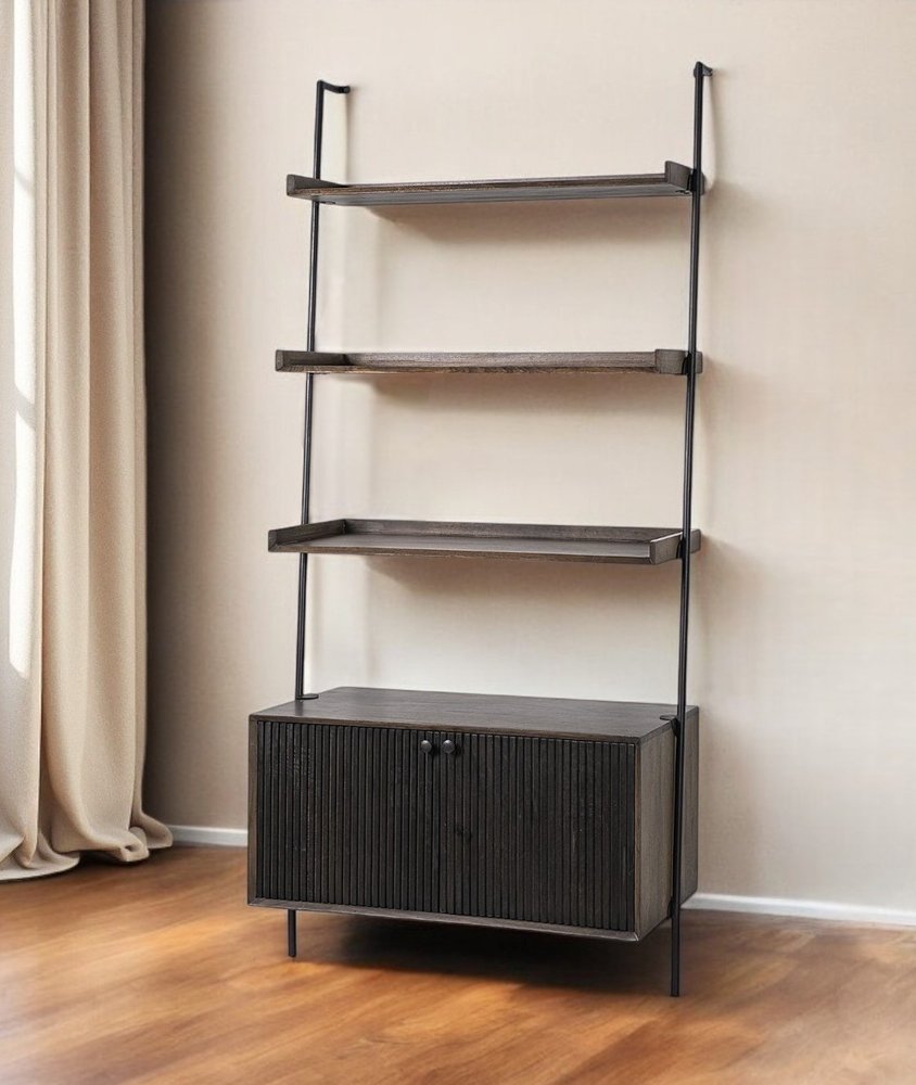 Dark Brown Metal and Wood Three Tier Ladder Bookcase