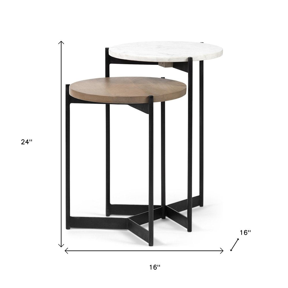 24" Brown And White Glass Round End Table