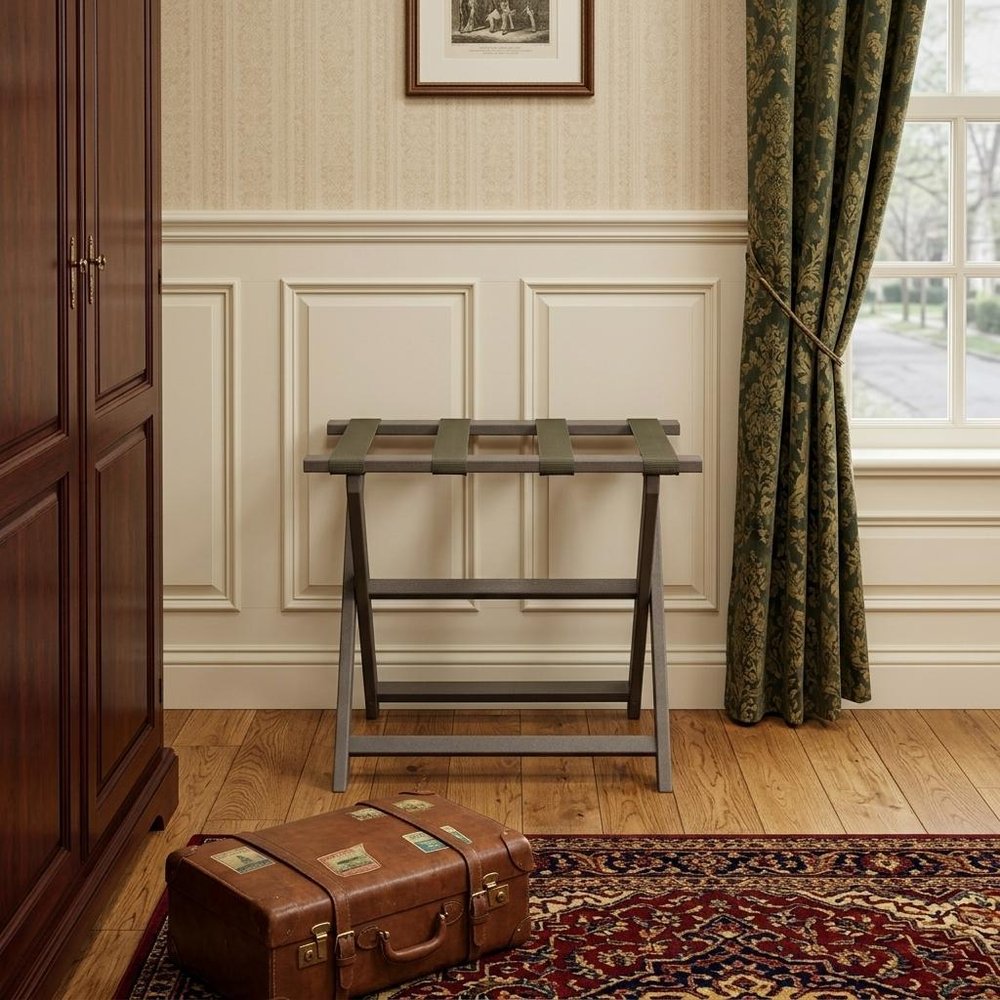 Earth Friendly Taupe Folding Luggage Rack With Dark Tan Straps