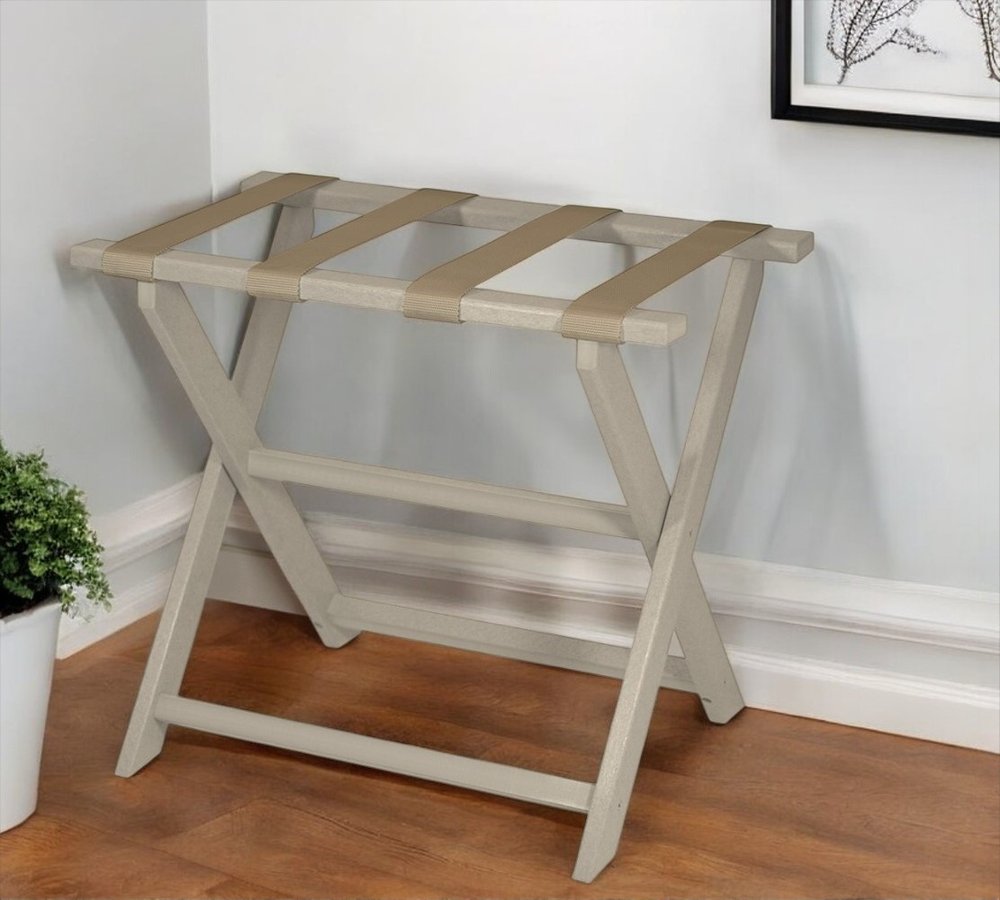 Earth Friendly Taupe Folding Luggage Rack With Dark Tan Straps