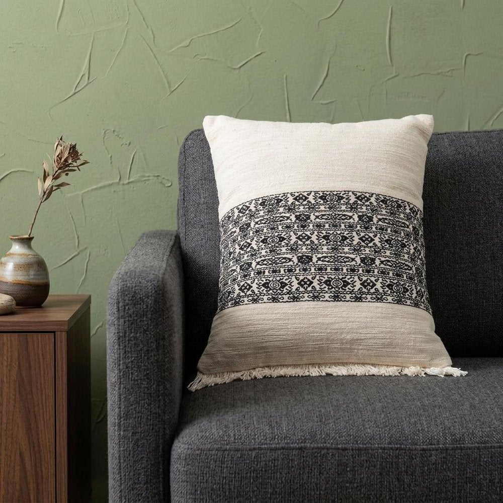 Black And White Geometric Fringe Throw Pillow