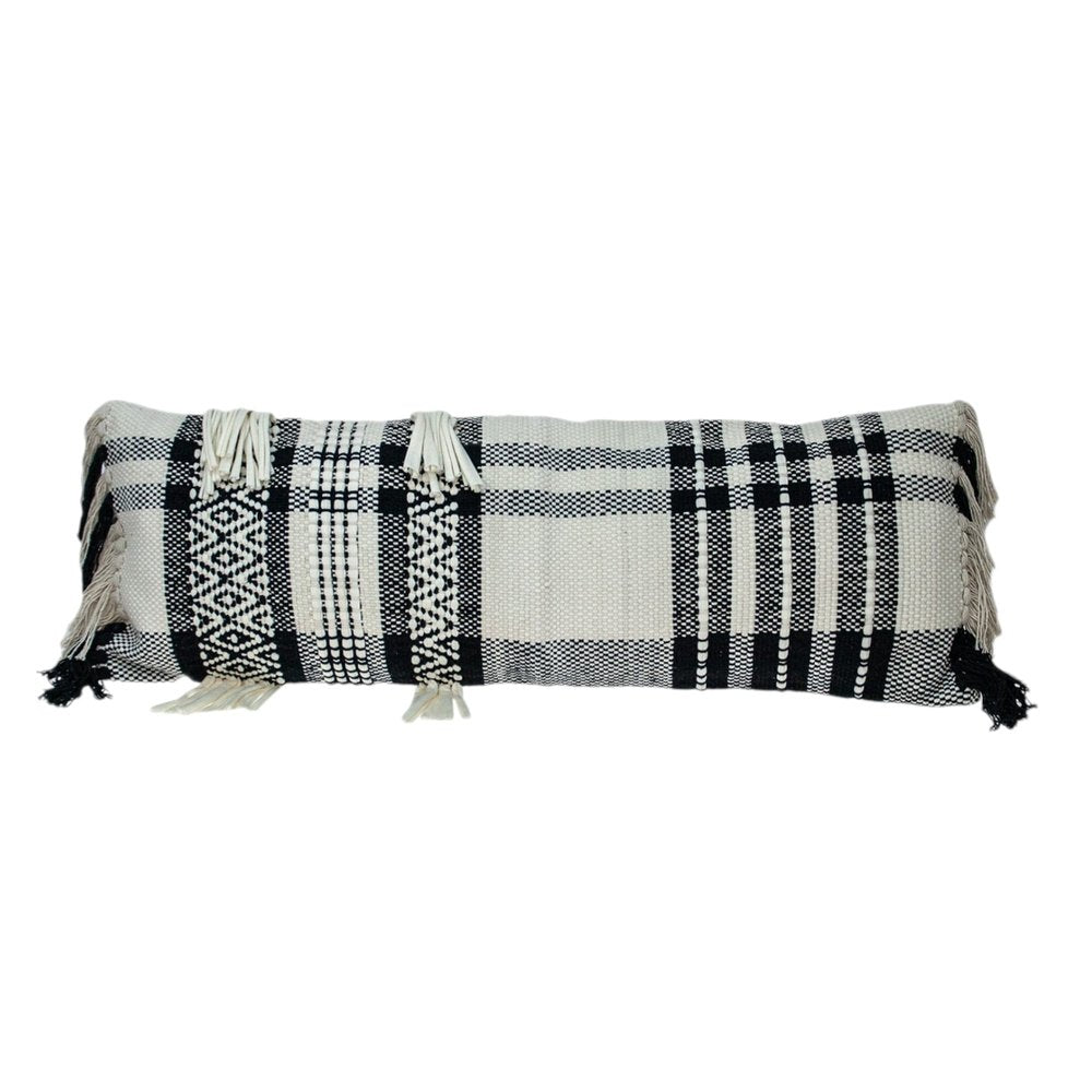 12" X 35" Black and White Plaid Cotton Lumbar Throw Pillow With Fringe