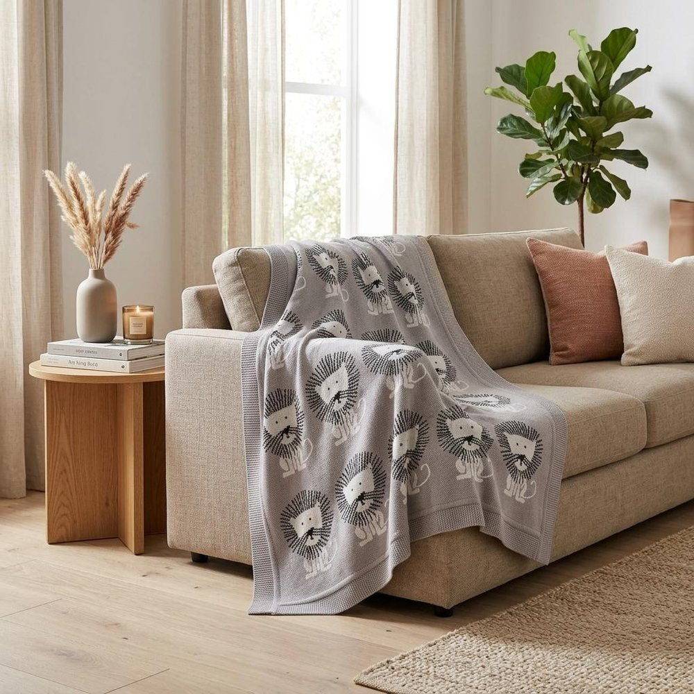 Grey Lots Of Lions Woven Knitted Baby Blanket