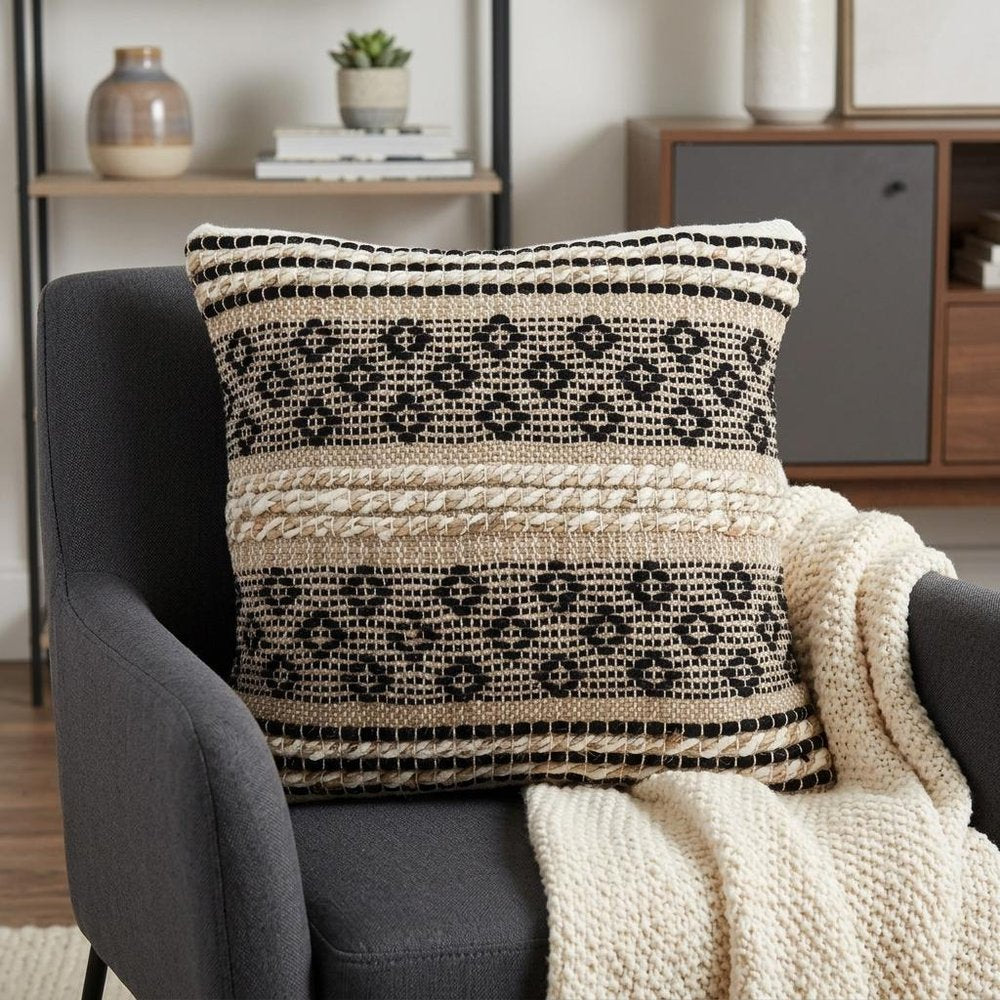 18" Natural Charcoal And Cream Geometric Cotton Blend Throw Pillow