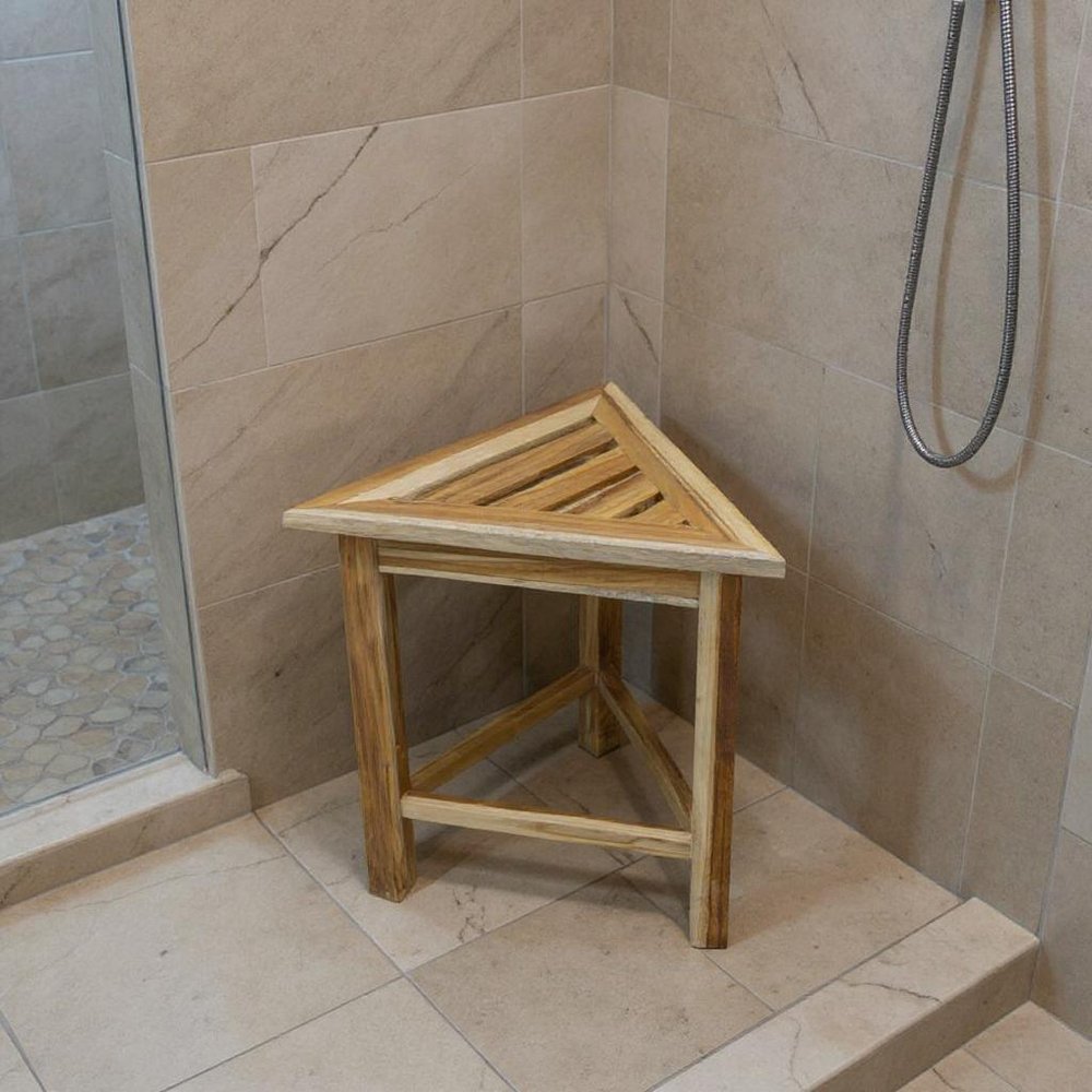 15" Brown Teak Corner Shower Bench