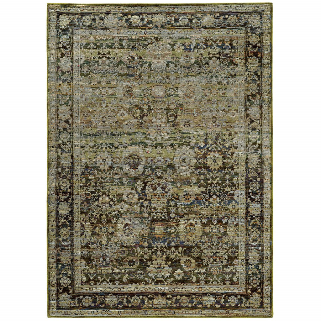 9' X 12' Green And Brown Floral Area Rug