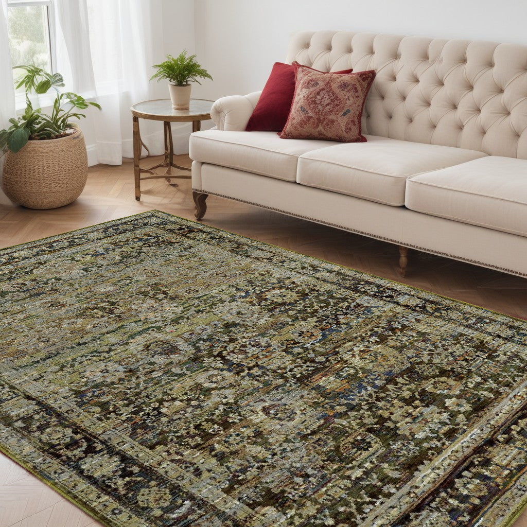 9' X 12' Green And Brown Floral Area Rug