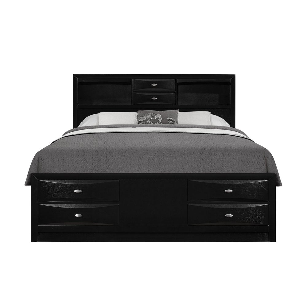 Black Solid Wood Queen Bed Frame With Eight Drawers