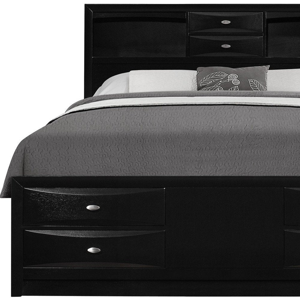 Black Solid Wood Queen Bed Frame With Eight Drawers