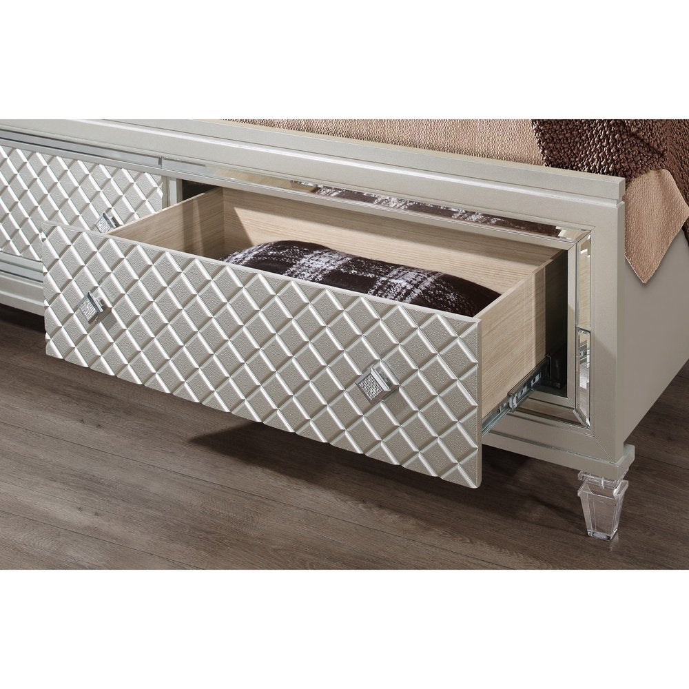 Champagne Tone Queen Bed With Padded Headboard Led Lightning 2 Drawer