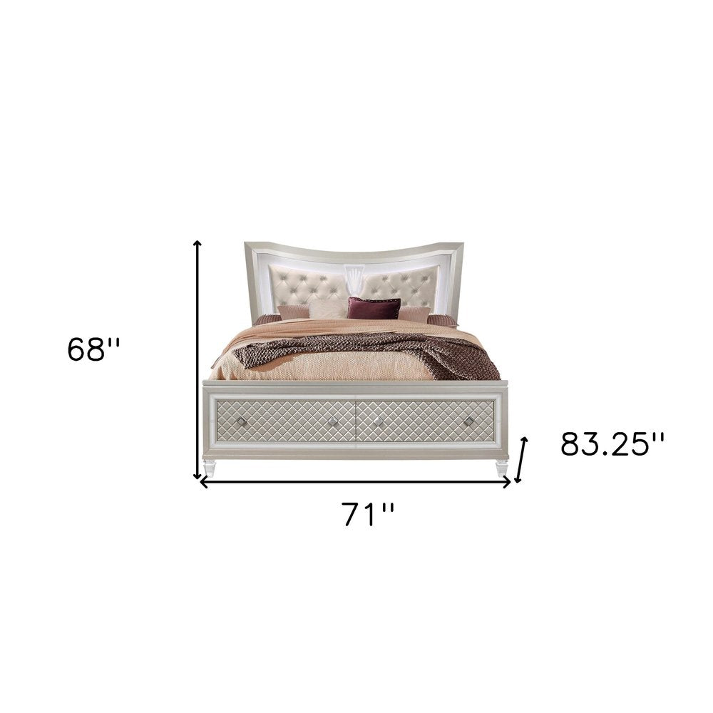 Champagne Tone Queen Bed With Padded Headboard Led Lightning 2 Drawer