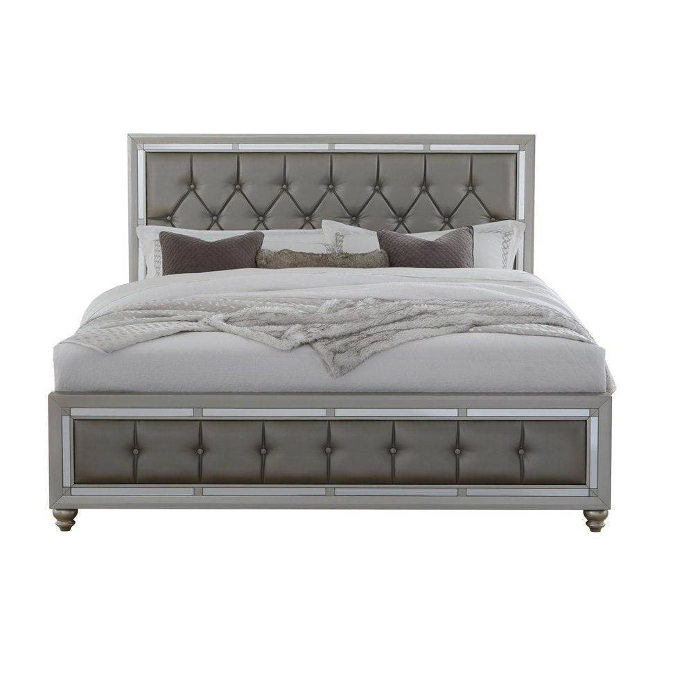 Silver Champagne Tone King Bed Padded Headboard Padded Footboard Mirror Trim Accents