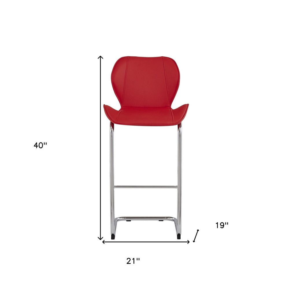 Set of Four 26 " Red And Silver Metal Low Back Bar Height Bar Chairs