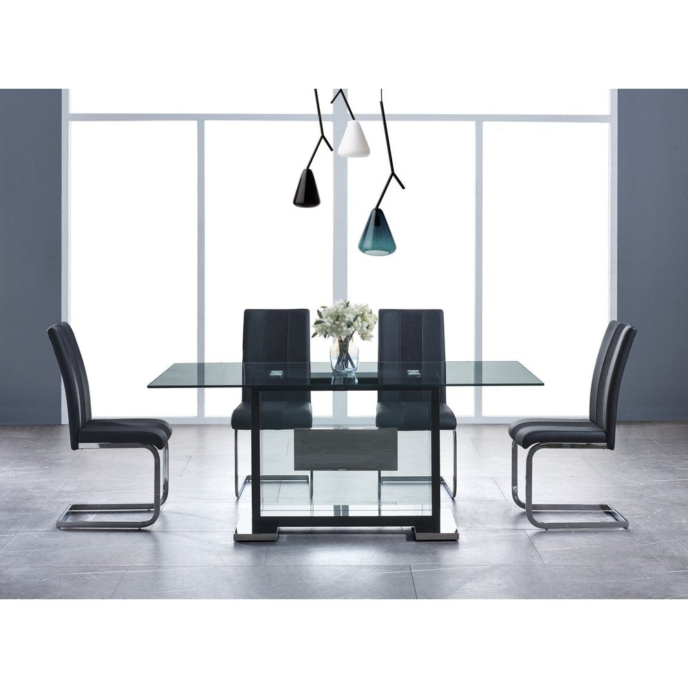 Set of Four Black and Silver Upholstered Faux Leather Dining Side Chairs
