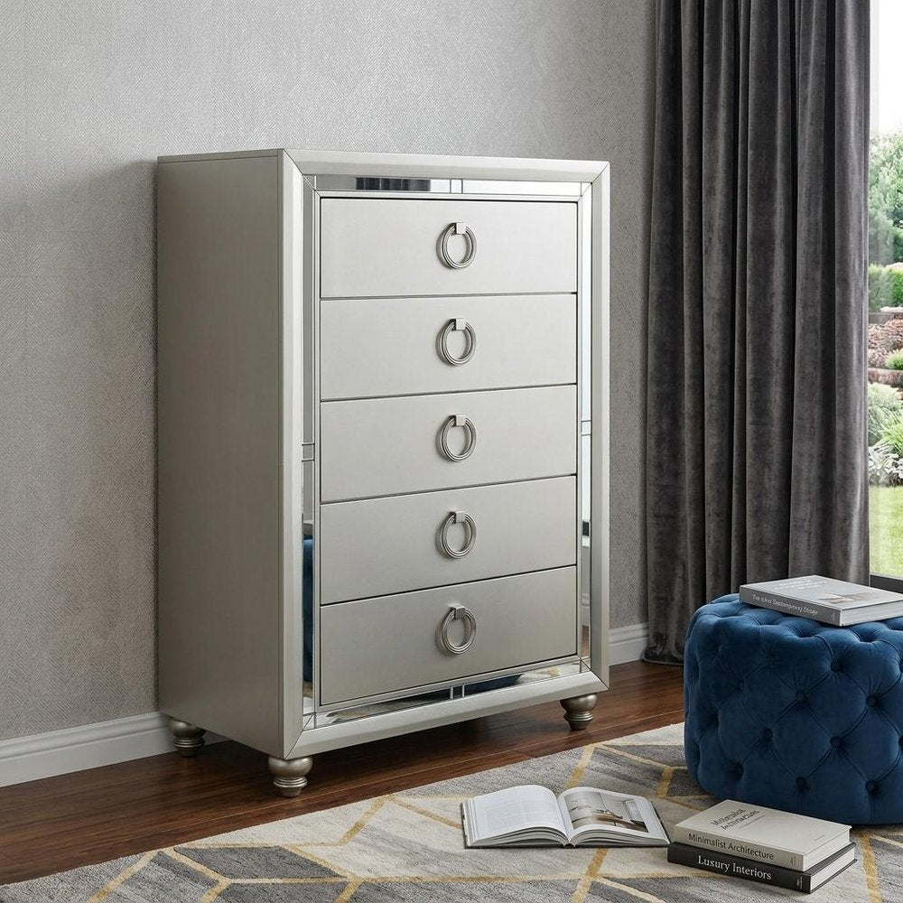 33" Silver Solid Wood Mirrored Five Drawer Dresser