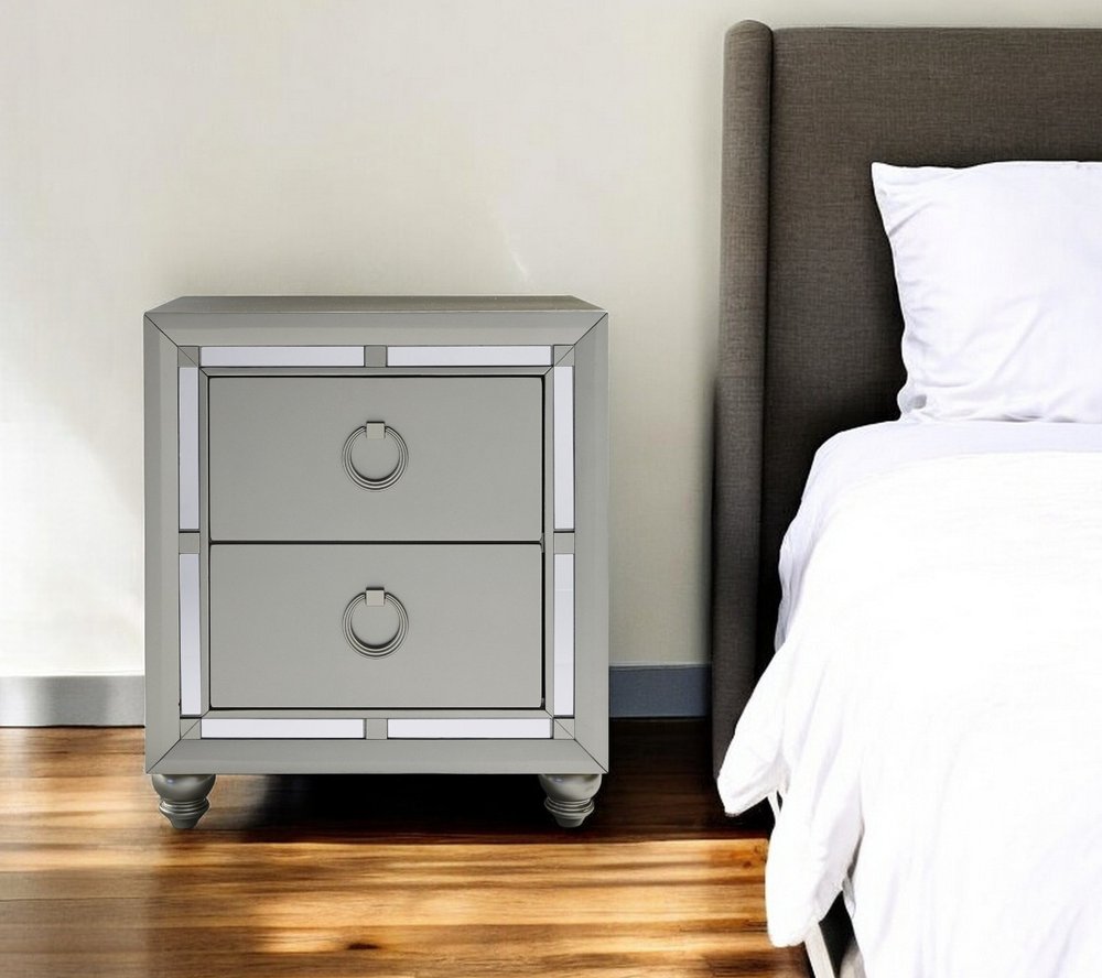 28" Solid and Manufactured Wood And Mirrored Glass Nightstand