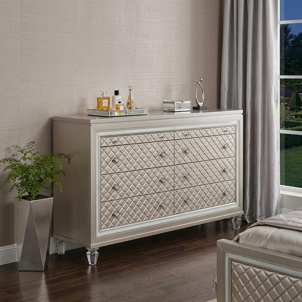 65" Champagne Carved Geometric Solid Wood Mirrored Six Drawer Dresser