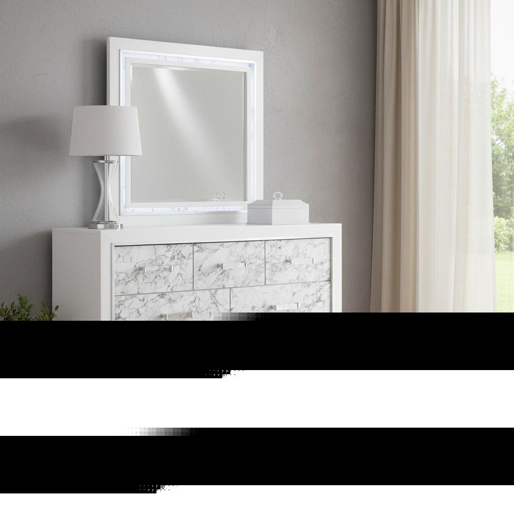 Modern White Dresser With 7 Faux Marble Detailed Front Drawer.