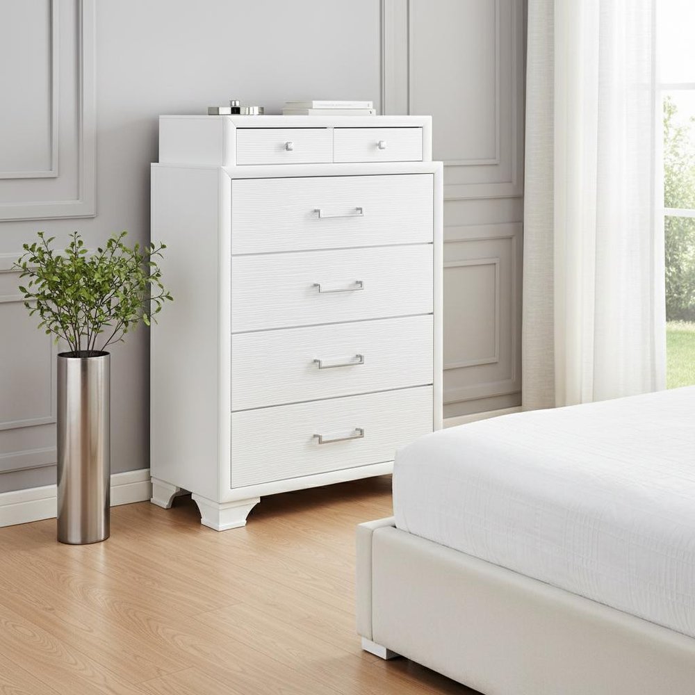 35" White Ribbed Texture Solid Wood Six Drawer Dresser