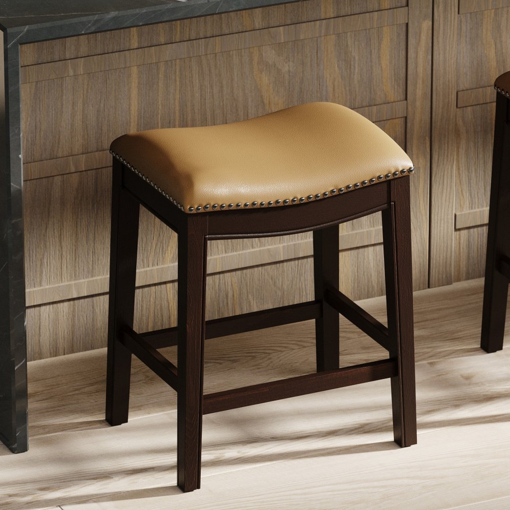 26" Tan and Espresso Solid Wood Backless Bar Height Bar Chair