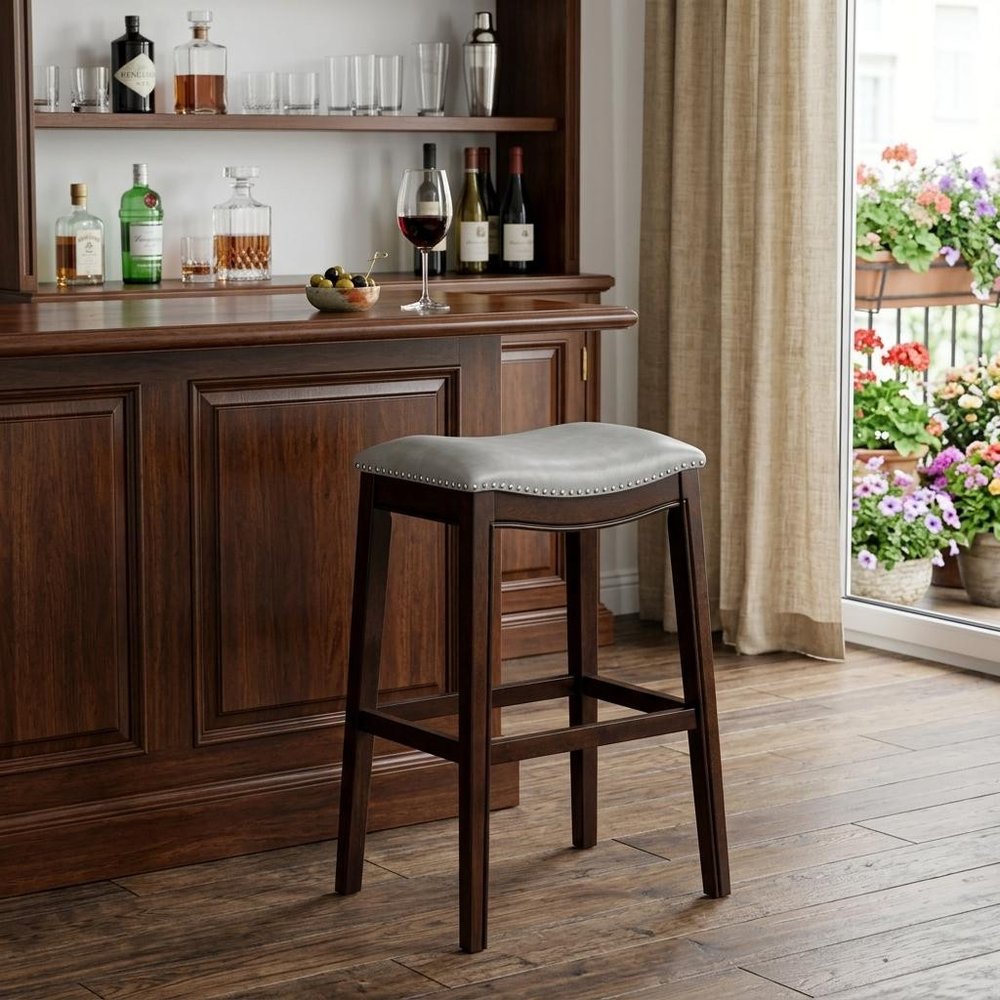 31" Gray and Espresso Faux Leather and Solid Wood Backless Bar Height Bar Chair