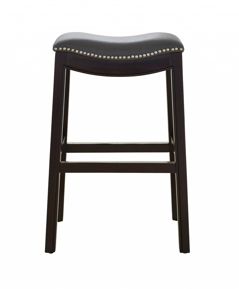 31" Gray and Espresso Faux Leather and Solid Wood Backless Bar Height Bar Chair